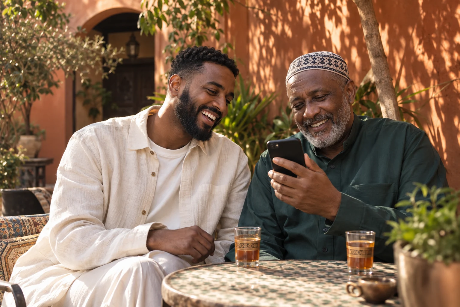 Illustrative Muslim father and adult son laughing together over a phone in a sunny courtyard