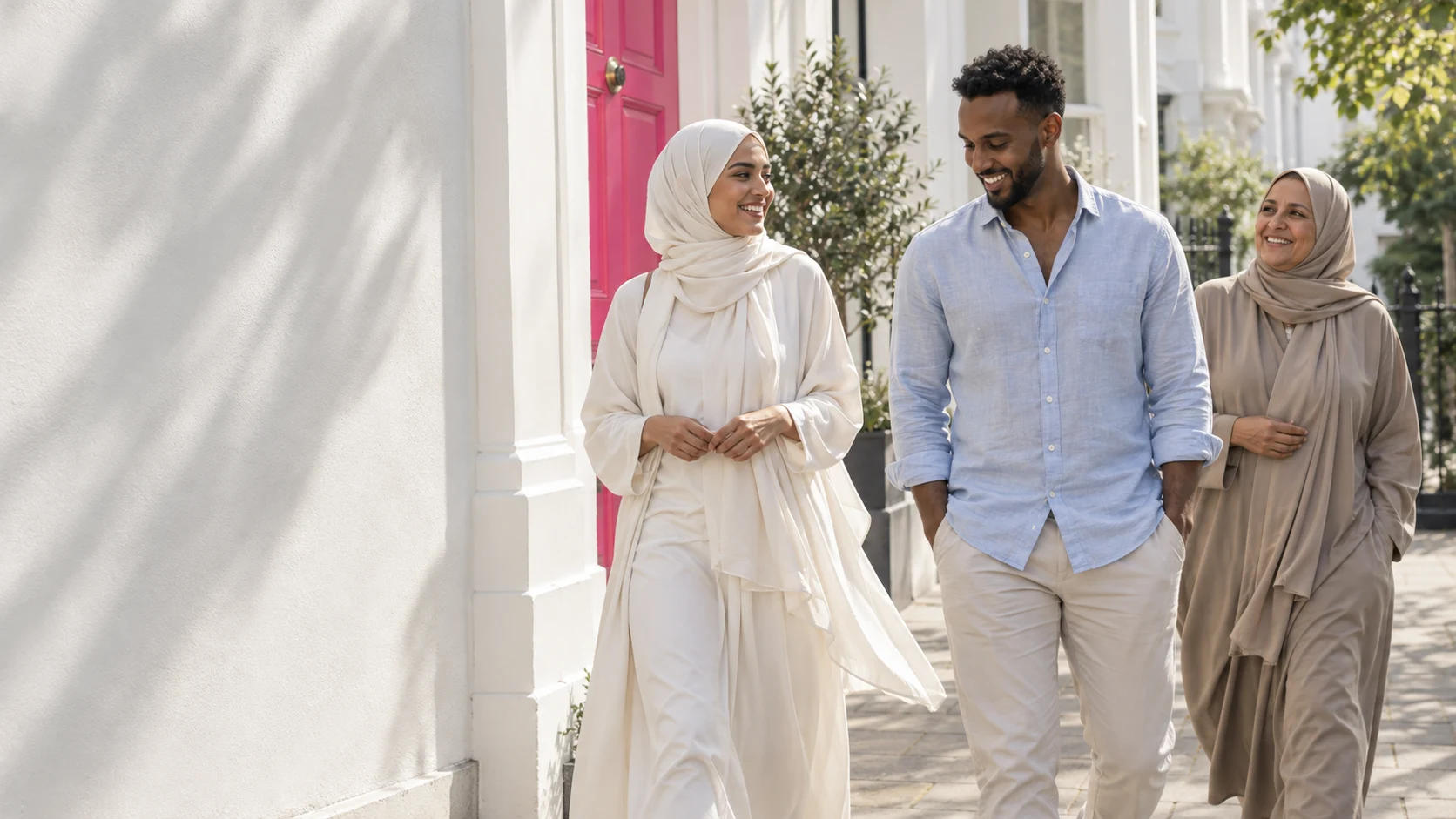 Illustrative Muslim family introduction in a bright courtyard