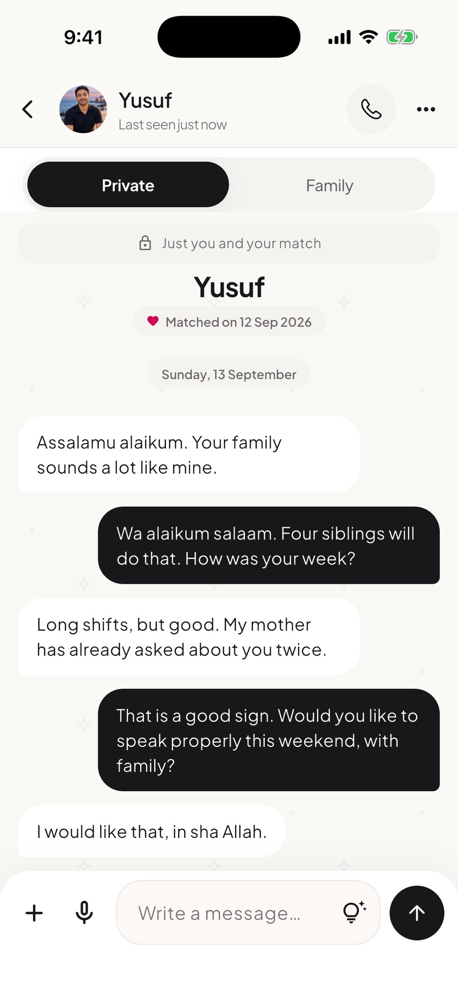 Actual private conversation and separate Family tab