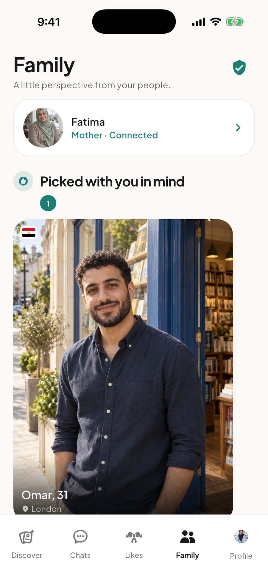 The actual Family tab, showing Fatima’s suggestions in a demo account