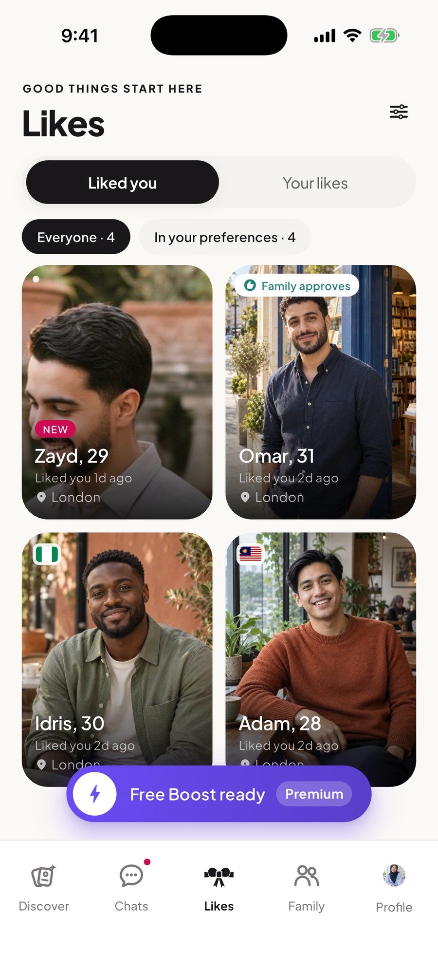 Actual Likes screen with Family approves labels on fictional profiles